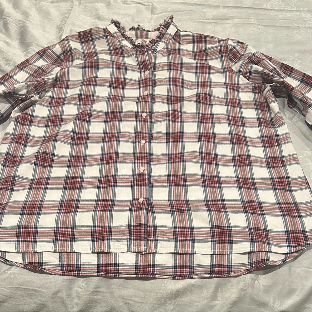 Heritage Brand Barbour ruffle collar plaid blouse